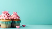 Sweet cupcakes with pink frosting and heart decorations on turquoise background for Valentine's Day celebration and romantic occasions.