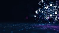 Digital healthcare technology network with medical icons and connected data points on dark blue background for modern medicine concepts.