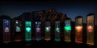 Neon-lit display cases with glowing liquid and illuminated symbols arranged in a row against dark background at night, suitable for futuristic, sci-fi, gaming, and digital art projects.
