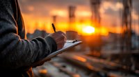 Construction worker using digital tablet at sunset on building site with industrial cranes in background for project management and planning.