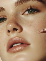 Close-up portrait of young Caucasian woman with natural freckles, green eyes, glossy nude lips and dewy skin holding golden facial roller for skincare routine.