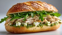 Gourmet sandwich with sliced turkey, fresh arugula and pesto sauce on sesame seed bun. Healthy lunch option for cafes and restaurants.
