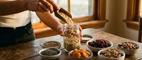 Woman pouring seeds into glass jar surrounded by colorful bowls of nuts, dried fruits and healthy ingredients on wooden kitchen table for meal prep.