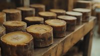 Rustic wooden log slices arranged in row on vintage shelf, natural tree trunk cross sections showing growth rings and bark texture, warm brown tones.
