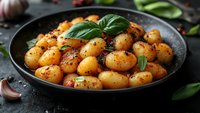 Roasted baby potatoes with herbs and spices in cast iron pan, garnished with fresh basil leaves against dark background, close up view of homemade side dish.