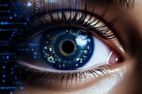 Close-up of futuristic cyber eye with digital interface overlay showing technological augmentation and biometric scanning elements against dark background.