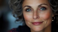 Elegant mature woman with blue eyes and curly gray hair smiling confidently against dark background, showcasing natural beauty and graceful aging.