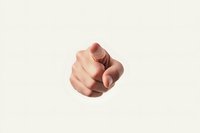 Pointing finger gesture on light background, dramatic lighting emphasizes human hand making accusatory or recruiting pose, isolated composition for advertising use.