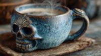 Steaming hot coffee in blue ceramic skull mug with detailed design on rustic wooden surface, perfect for Halloween or gothic decor.