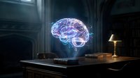 Glowing neon brain hologram floating above wooden desk in dark study room with books and lamp, representing artificial intelligence, neural networks, and digital innovation.