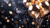 Golden balloons with sparkles and bokeh lights floating against dark background create magical festive atmosphere for celebration and special events.