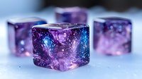 Magical glowing cubes with purple and blue cosmic pattern on light background, mystical galaxy effect inside transparent resin decorative elements.
