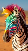 Colorful rainbow zebra with vibrant stripes and mohawk mane against desert background, artistic wildlife concept showing unique multicolored pattern variation.