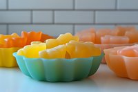 Colorful gummy candies in bright bowls on white surface against subway tile wall. Sweet treats for parties, celebrations, and confectionery displays.