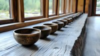 Row of traditional ceramic bowls arranged on wooden table by windows in peaceful meditation or tea ceremony setting for mindfulness and spiritual practices.