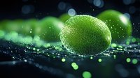 Glowing green microscopic cell with bubbles and particles floating in dark space against blurred bokeh background. Scientific research visualization.