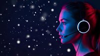 Young woman gamer with headset in neon lighting against starry space background for gaming and streaming content.