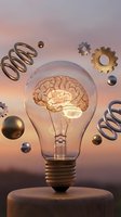 Glowing brain filament inside transparent lightbulb surrounded by metallic gears and springs on wooden base against sunset sky, symbolizing innovation and creative thinking.
