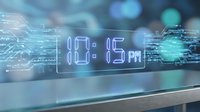 Digital clock display showing 10:15 PM with futuristic holographic interface elements and glowing blue bokeh lights for technology presentations.