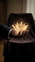 Hand holding glowing golden human figures with sparkling light particles, representing teamwork, leadership, community, and human connection for business concepts.