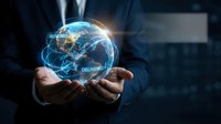 Businessman holding glowing digital Earth globe with delivery network connections in hands. Global logistics and worldwide shipping technology concept.