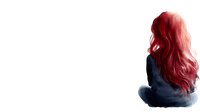 Young woman with long red hair sitting in casual denim outfit on white background, isolated for design projects and creative layouts.