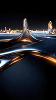 Futuristic abstract landscape with glowing golden liquid formations and luminous particles on dark surface, suitable for sci-fi backgrounds and digital art projects.