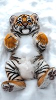 Adorable tiger cub lying on back in snow, showing playful expression with bright blue eyes and raised paws. White and orange striped fur creates striking contrast.