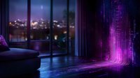 Futuristic digital streams of purple light flowing from floor in modern apartment interior with night city view through panoramic window. Cyberpunk atmosphere.
