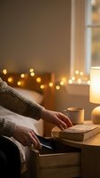 Cozy evening scene with hands reaching for book on wooden table, warm lighting and bokeh lights creating peaceful reading atmosphere at home.