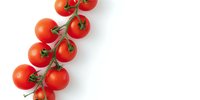 Fresh cherry tomatoes on vine against white background, isolated for food photography, recipe blogs, and healthy eating content.