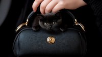 Adorable black kitten peeking out from elegant leather handbag with golden hardware, perfect for pet accessories and fashion lifestyle concepts.