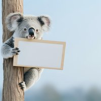 Cute koala holding blank wooden sign board while clinging to tree trunk against blue sky background, copy space for text or message.