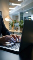 Professional businessman typing on laptop computer in modern office workspace with blurred background and warm lighting for business productivity concepts.