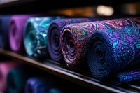 Colorful yoga mats with intricate mandala patterns displayed on retail shelf, featuring vibrant purple, blue and turquoise designs in close-up macro photography.