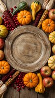 Autumn harvest arrangement with empty wooden plate surrounded by orange pumpkins, corn, apples, and cranberries on rustic wood surface for fall seasonal designs.