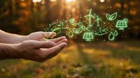 Hands holding glowing green eco-friendly icons including renewable energy symbols, leaves, and water drops against warm bokeh background for sustainability concepts.