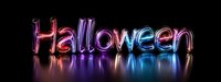 Glowing neon Halloween text with colorful light reflection on dark surface creates spooky festive atmosphere for holiday celebration and party design.