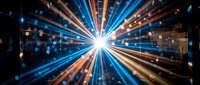 Dynamic light burst with radial blue and orange beams creating starburst effect. Motion blur streaks and bokeh lights for technology backgrounds.