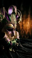 Ornate Venetian carnival mask with purple and gold decorations, elaborate feathers and intricate metalwork against warm candlelit background for festive celebrations.