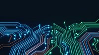 Futuristic circuit board pattern with glowing blue and green electronic pathways on dark background for technology and digital design projects.