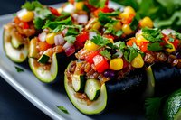 Fresh zucchini boats filled with seasoned meat, corn, tomatoes, red onion and herbs served on gray plate, close up view of healthy low carb dinner meal.