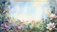 Ornate floral frame with purple and white flowers, gold scrollwork, and botanical elements on cream background, suitable for invitations and decorative designs.