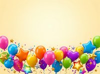 Colorful balloons and stars with confetti on yellow background for celebrations, parties, birthdays, and festive event designs.