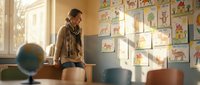 Young female teacher standing in elementary classroom with colorful student artwork displayed on wall behind her during daytime.