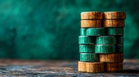 Wooden and turquoise colored blocks stacked in alternating pattern against blurred emerald background, creating minimalist composition for business concepts.