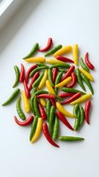 Colorful hot chili peppers in red, green and yellow scattered on white background. Fresh spicy vegetables for cooking, seasoning and culinary ingredients.