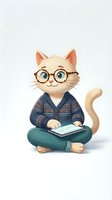 Cute cartoon cat character wearing glasses and cardigan reading book while sitting cross-legged on white background for educational designs.