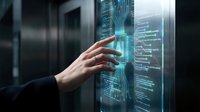 Business professional interacting with futuristic holographic interface displaying data analytics and digital technology in modern server room environment.