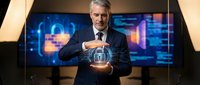 Mature Caucasian businessman in dark suit presenting cybersecurity concept with holographic padlock shield in modern tech environment for corporate presentations.